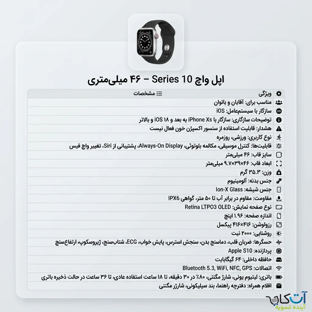 مشخصات اپل واچ series 10 46 میلی متری