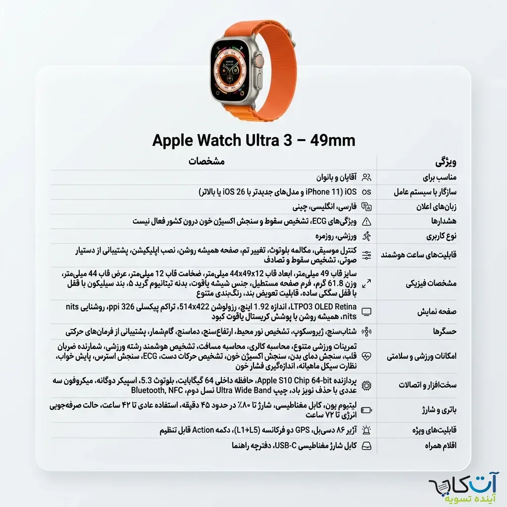 مشخصات اپل واچ اولترا 3 49 میلیمتر